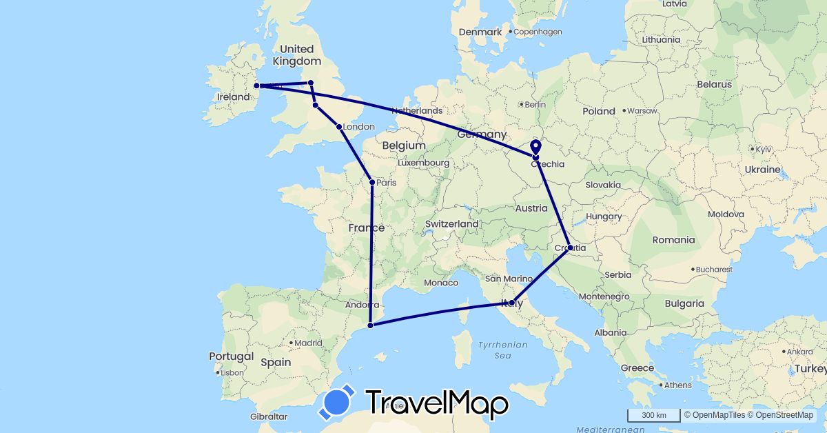 TravelMap itinerary: driving in Czech Republic, Spain, France, United Kingdom, Croatia, Ireland, Italy (Europe)